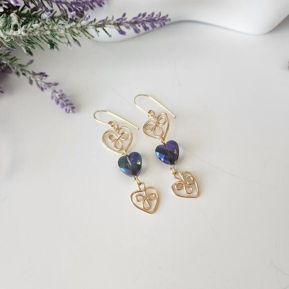 Gold and Purple Heart Dangle Earrings - Picture 7 of 10